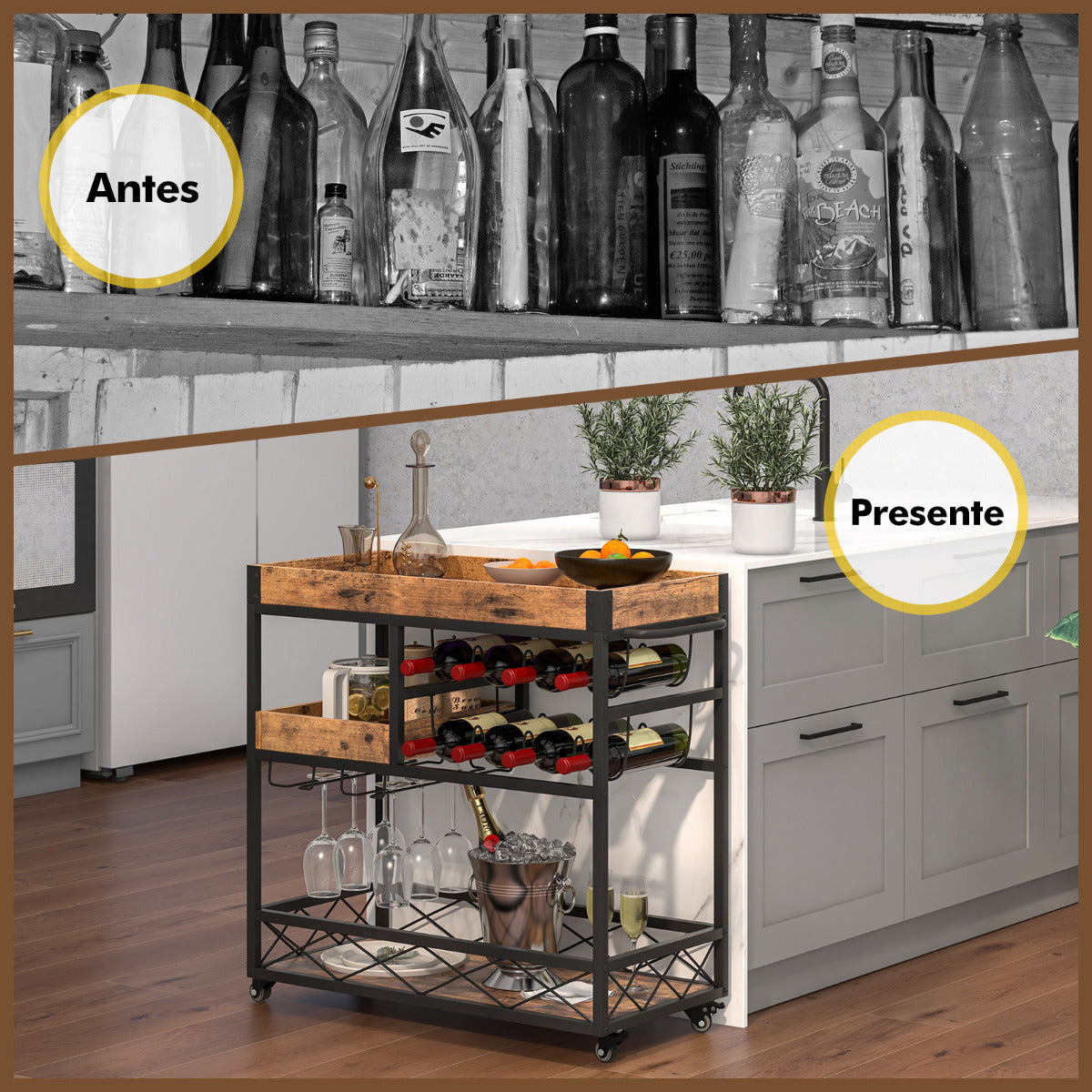 Carrito de Servicio de Bar Carro Rodante 3 Niveles Bandeja Desmontable Porta Vino Soporte de Copas para Cocina Comedor 80x40x83cm Marrón