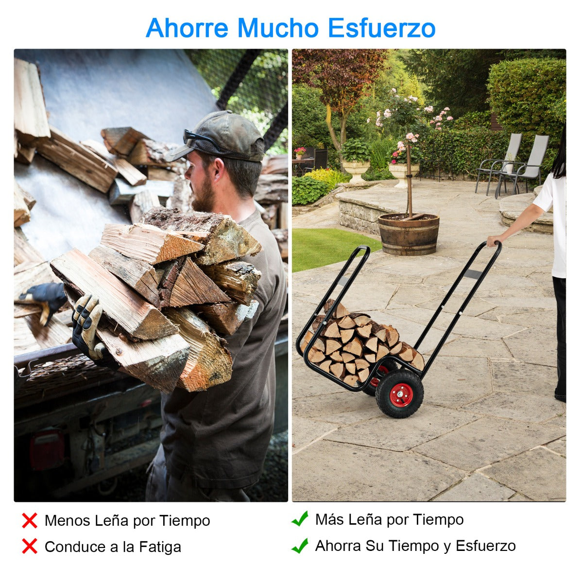 Carrito de Transporte para Leña con Ruedas de Goma Resistentes al Desgaste y a los Golpes 66 x 51 x 111 cm Negro