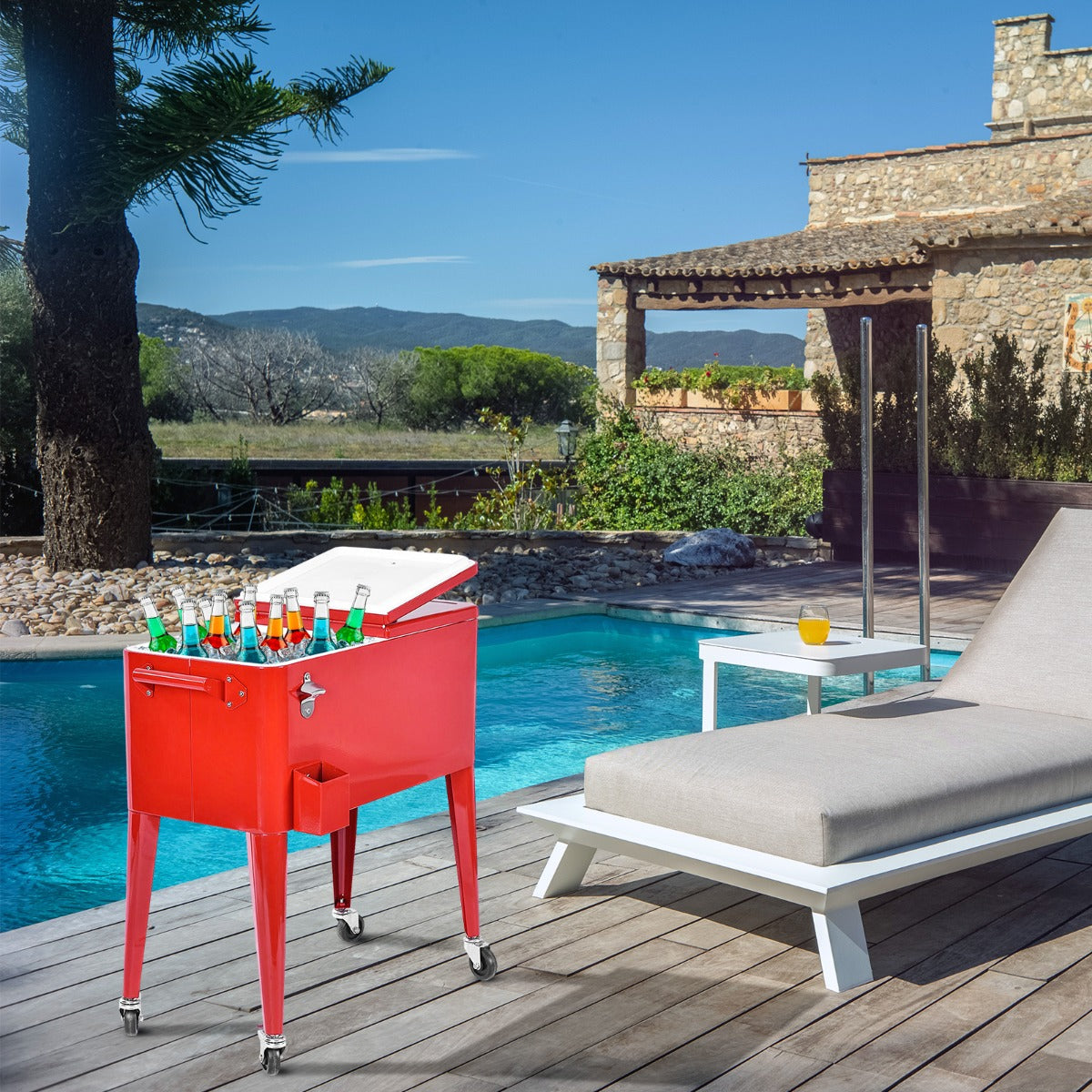 Carrito Enfriador Portátil sin Bandeja para Exteriores de 76 L Cofre para Bebidas con Ruedas Abridor de Botellas 79 x 40 x 87 cm Rojo