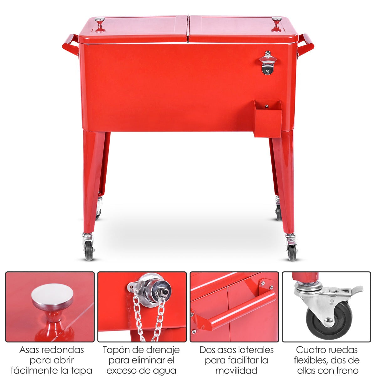 Carrito Enfriador Portátil sin Bandeja para Exteriores de 76 L Cofre para Bebidas con Ruedas Abridor de Botellas 79 x 40 x 87 cm Rojo
