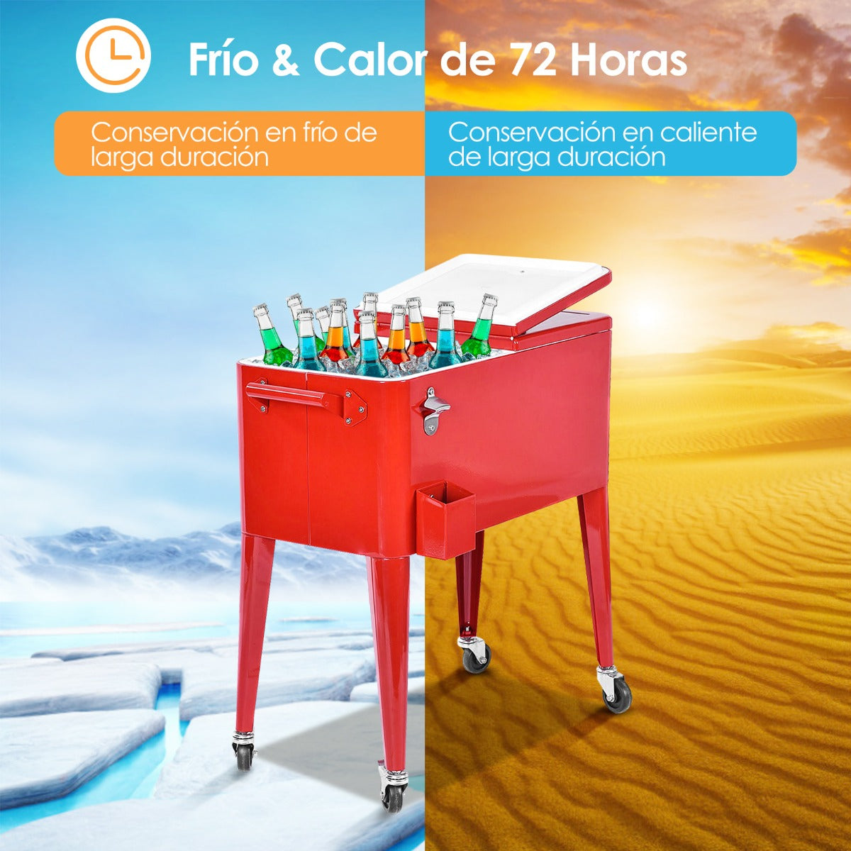 Carrito Enfriador Portátil sin Bandeja para Exteriores de 76 L Cofre para Bebidas con Ruedas Abridor de Botellas 79 x 40 x 87 cm Rojo