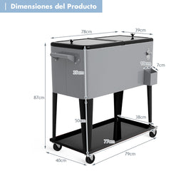 Carrito Nevera 76 L para Bebidas y Hielo Carro Portátil con Ruedas y Abrebotellas 72 h para Exterior Patio Fiesta 91 x 48 x 87 cm Plata