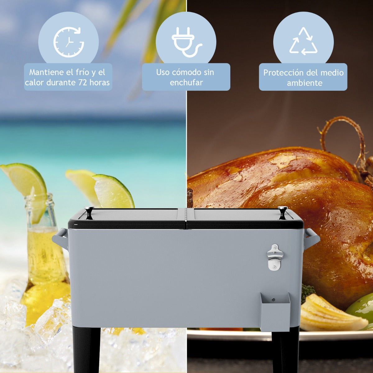 Carrito Nevera 76 L para Bebidas y Hielo Carro Portátil con Ruedas y Abrebotellas 72 h para Exterior Patio Fiesta 91 x 48 x 87 cm Plata