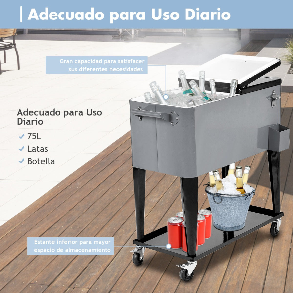 Carrito Nevera 76 L para Bebidas y Hielo Carro Portátil con Ruedas y Abrebotellas 72 h para Exterior Patio Fiesta 91 x 48 x 87 cm Plata