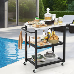 Carrito para Parrilla de 3 Niveles con 3 Ganchos Ruedas Tapa Asa de Acero Inoxidable para Preparar Alimentos 72,5 x 41 x 81 cm Negro