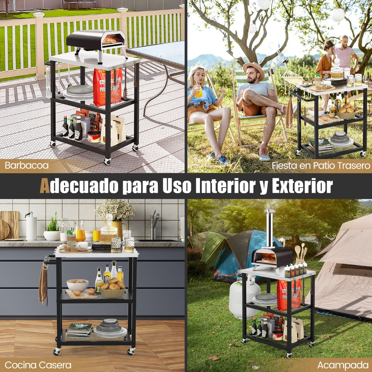 Carrito para Parrilla de 3 Niveles con 3 Ganchos Ruedas Tapa Asa de Acero Inoxidable para Preparar Alimentos 72,5 x 41 x 81 cm Negro