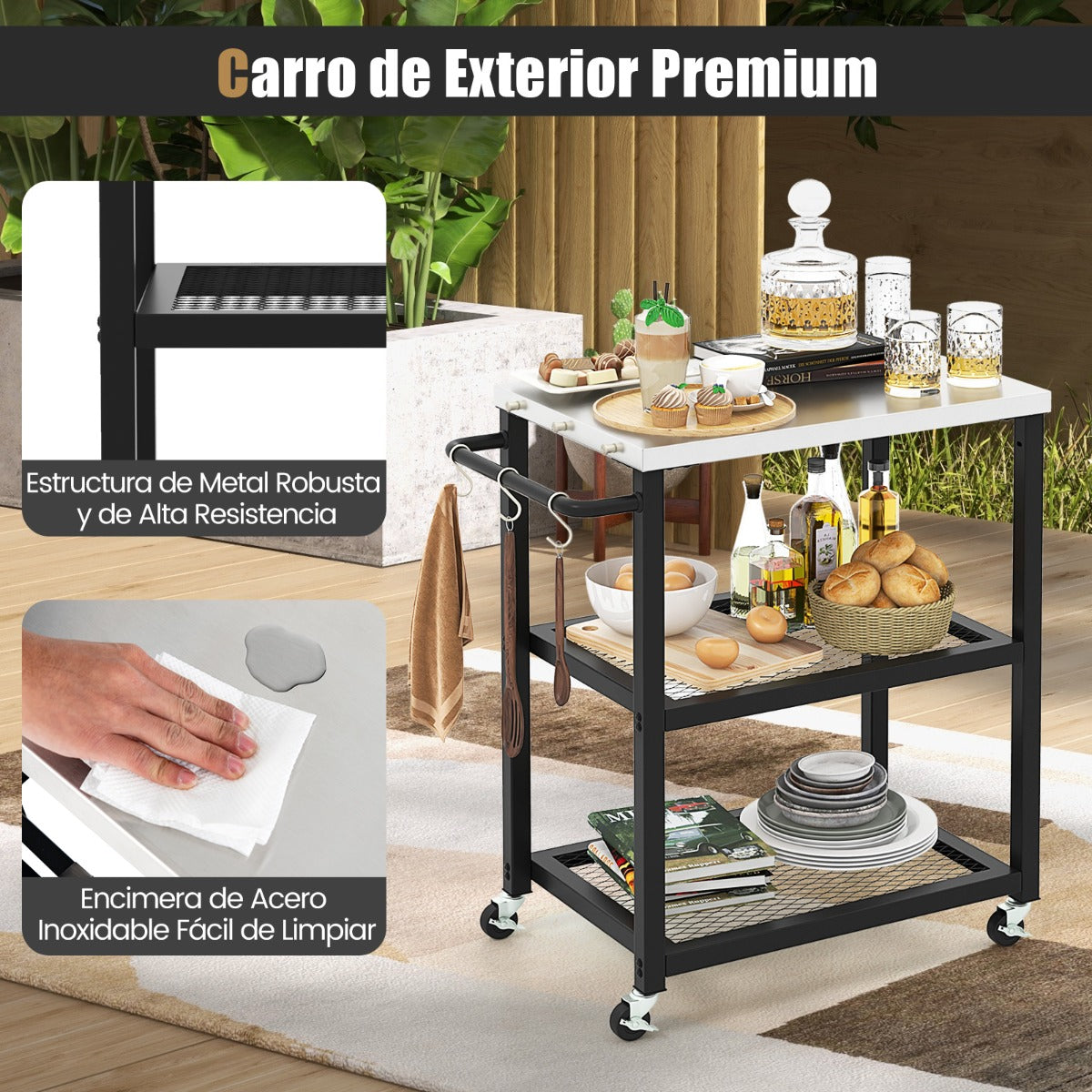 Carrito para Parrilla de 3 Niveles con 3 Ganchos Ruedas Tapa Asa de Acero Inoxidable para Preparar Alimentos 72,5 x 41 x 81 cm Negro