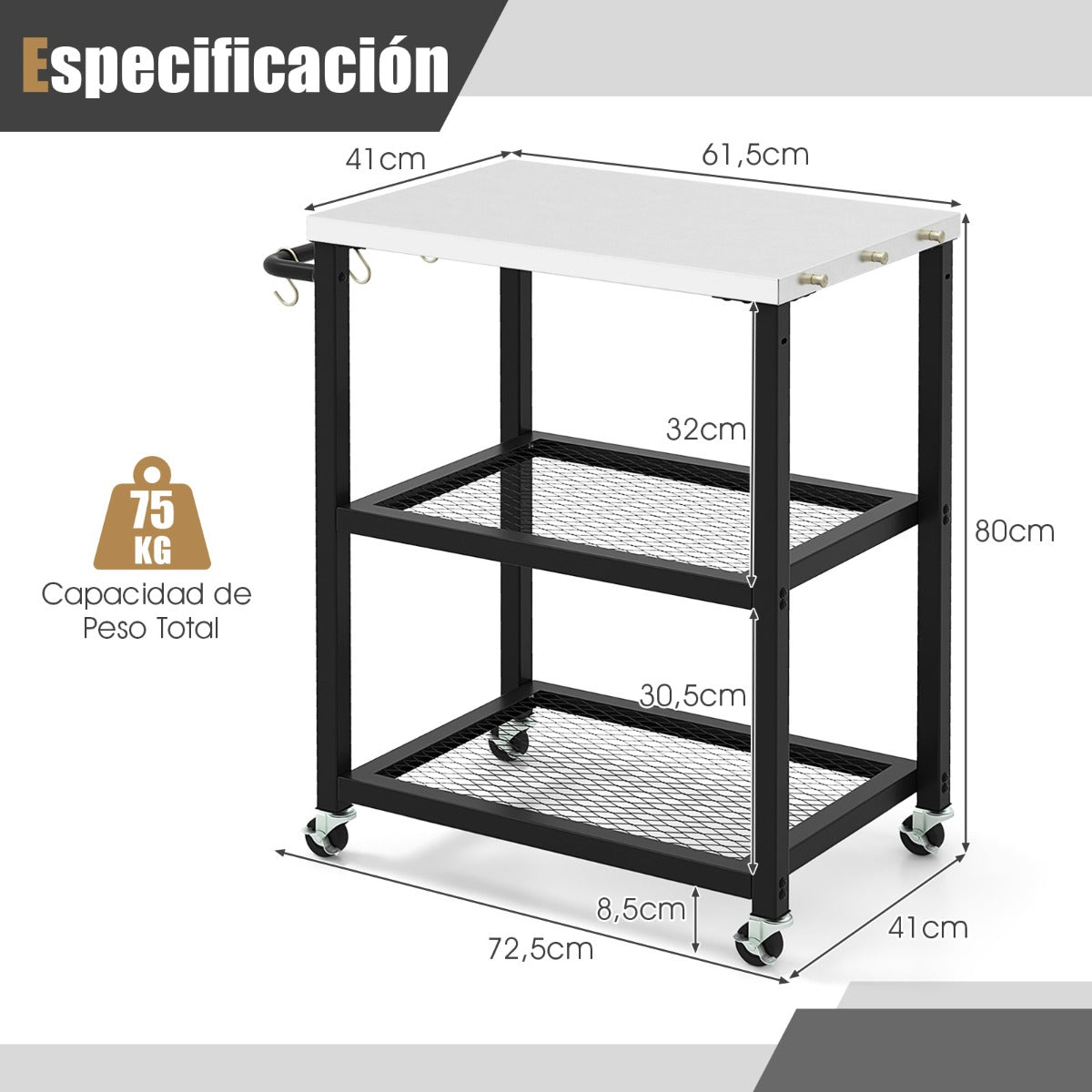 Carrito para Parrilla de 3 Niveles con 3 Ganchos Ruedas Tapa Asa de Acero Inoxidable para Preparar Alimentos 72,5 x 41 x 81 cm Negro