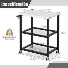 Carrito para Parrilla de 3 Niveles con 3 Ganchos Ruedas Tapa Asa de Acero Inoxidable para Preparar Alimentos 72,5 x 41 x 81 cm Negro