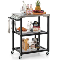 Carrito para Parrilla de 3 Niveles con 3 Ganchos Ruedas Tapa Asa de Acero Inoxidable para Preparar Alimentos 72,5 x 41 x 81 cm Negro