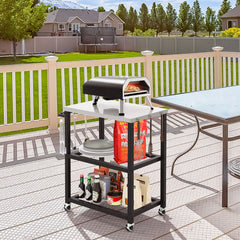 Carrito para Parrilla de 3 Niveles con 3 Ganchos Ruedas Tapa Asa de Acero Inoxidable para Preparar Alimentos 72,5 x 41 x 81 cm Negro
