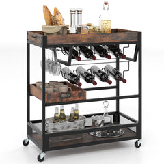 Carro Bar para Hogar Carrito de Cocina de 3 Niveles con Bandeja Removible Soporte para Vino y Portavasos Carrito para Bebidas Marrón