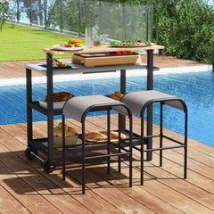 Carro con Mesa Plegable de Cocina Soporte Móvil para Horno de Pizza con Ganchos Carro para Parrilla Exterior con Asa Plegable y Ruedas Negro