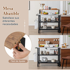Carro con Mesa Plegable de Cocina Soporte Móvil para Horno de Pizza con Ganchos Carro para Parrilla Exterior con Asa Plegable y Ruedas Negro