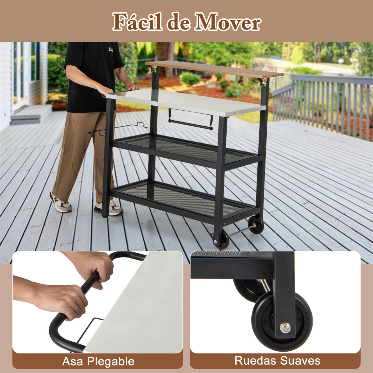 Carro con Mesa Plegable de Cocina Soporte Móvil para Horno de Pizza con Ganchos Carro para Parrilla Exterior con Asa Plegable y Ruedas Negro