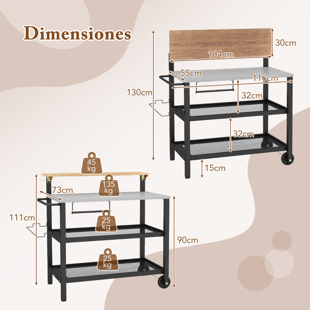 Carro con Mesa Plegable de Cocina Soporte Móvil para Horno de Pizza con Ganchos Carro para Parrilla Exterior con Asa Plegable y Ruedas Negro