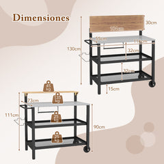 Carro con Mesa Plegable de Cocina Soporte Móvil para Horno de Pizza con Ganchos Carro para Parrilla Exterior con Asa Plegable y Ruedas Negro