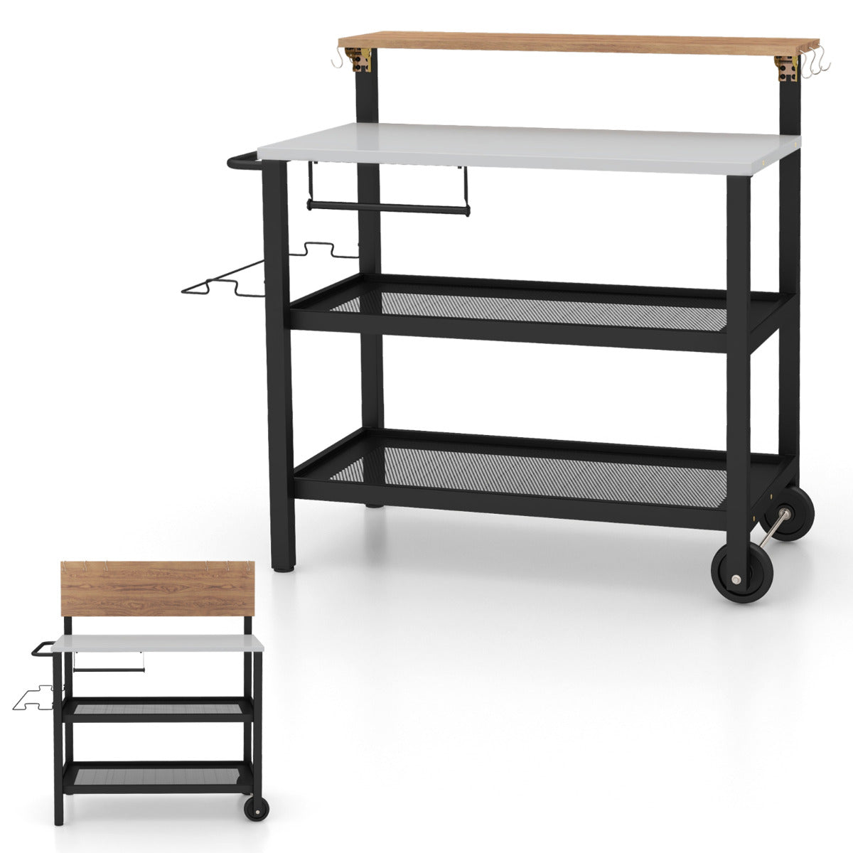 Carro con Mesa Plegable de Cocina Soporte Móvil para Horno de Pizza con Ganchos Carro para Parrilla Exterior con Asa Plegable y Ruedas Negro