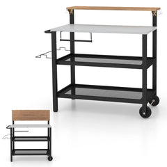 Carro con Mesa Plegable de Cocina Soporte Móvil para Horno de Pizza con Ganchos Carro para Parrilla Exterior con Asa Plegable y Ruedas Negro