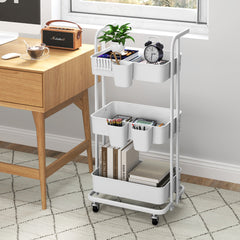 Carro de Almacenamiento con 3 Niveles Plegable con 3 Tazas Colgantes y 6 Ganchos Ruedas Carro de Utilidad Móvil para Cocina Oficina Blanco