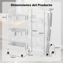 Carro de Almacenamiento con 3 Niveles Plegable con 3 Tazas Colgantes y 6 Ganchos Ruedas Carro de Utilidad Móvil para Cocina Oficina Blanco