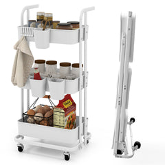 Carro de Almacenamiento con 3 Niveles Plegable con 3 Tazas Colgantes y 6 Ganchos Ruedas Carro de Utilidad Móvil para Cocina Oficina Blanco