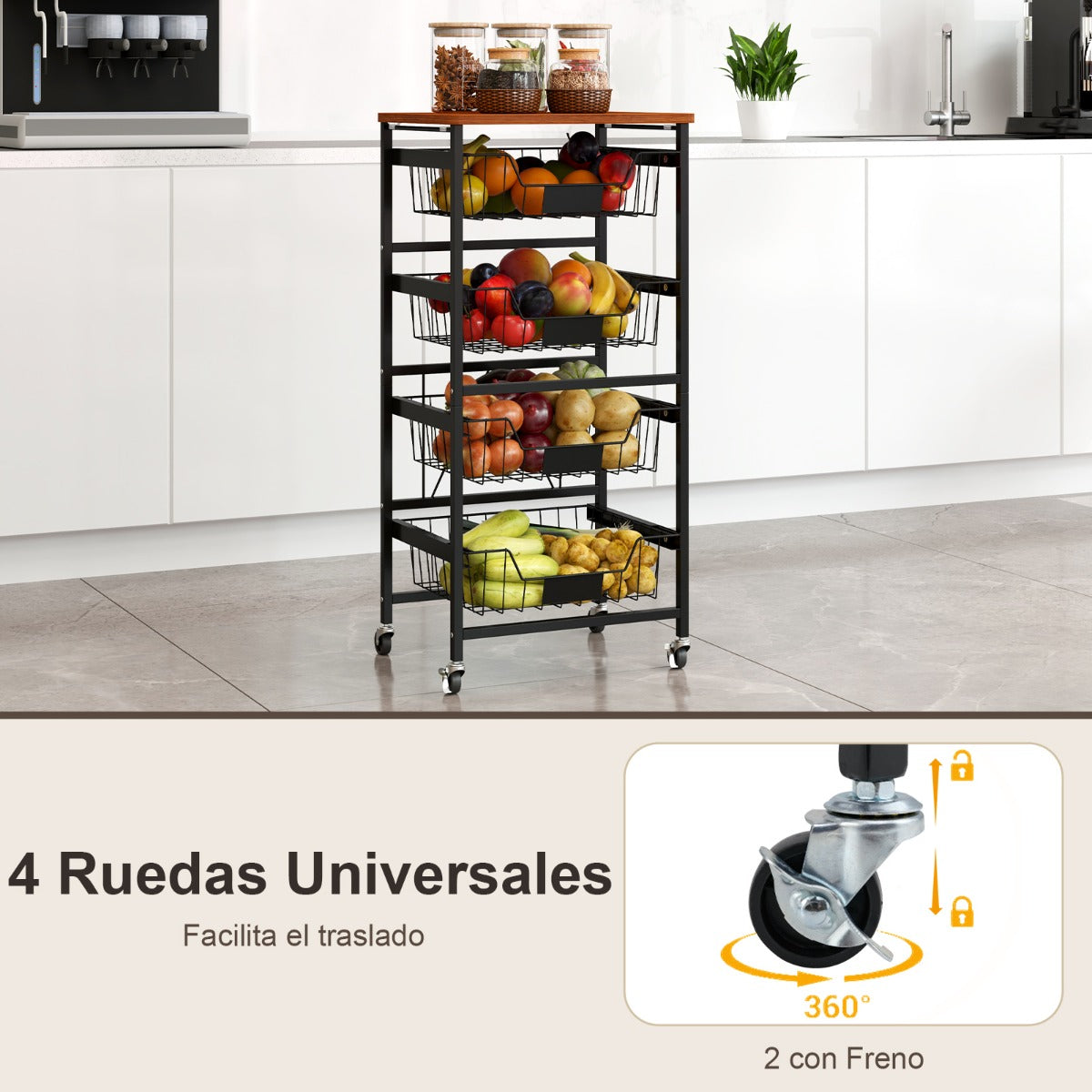 Carro de Almacenamiento de Cocina de 5 Niveles Carro Móvil con Cestas Deslizables y Etiquetas de Tiza DIY Carro Rodante con Ruedas