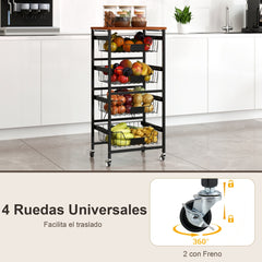Carro de Almacenamiento de Cocina de 5 Niveles Carro Móvil con Cestas Deslizables y Etiquetas de Tiza DIY Carro Rodante con Ruedas