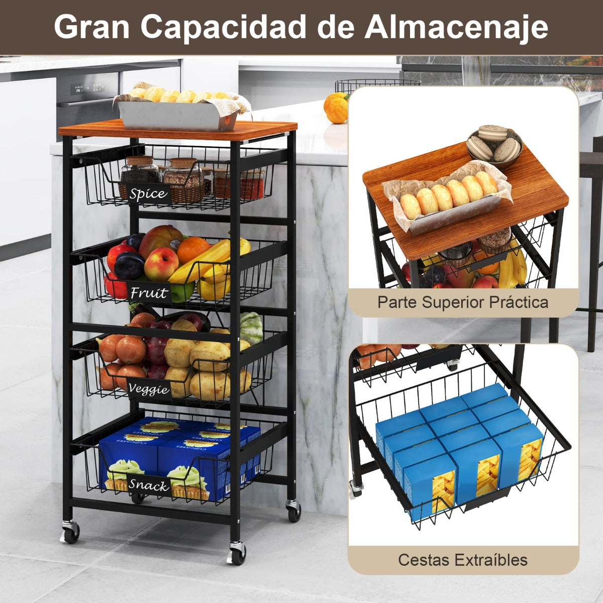 Carro de Almacenamiento de Cocina de 5 Niveles Carro Móvil con Cestas Deslizables y Etiquetas de Tiza DIY Carro Rodante con Ruedas