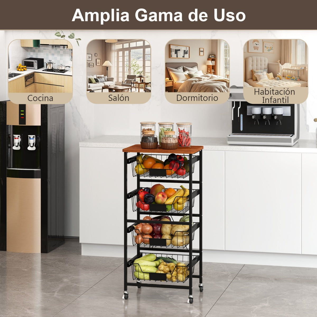 Carro de Almacenamiento de Cocina de 5 Niveles Carro Móvil con Cestas Deslizables y Etiquetas de Tiza DIY Carro Rodante con Ruedas