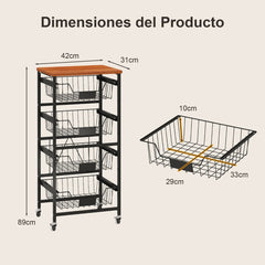 Carro de Almacenamiento de Cocina de 5 Niveles Carro Móvil con Cestas Deslizables y Etiquetas de Tiza DIY Carro Rodante con Ruedas