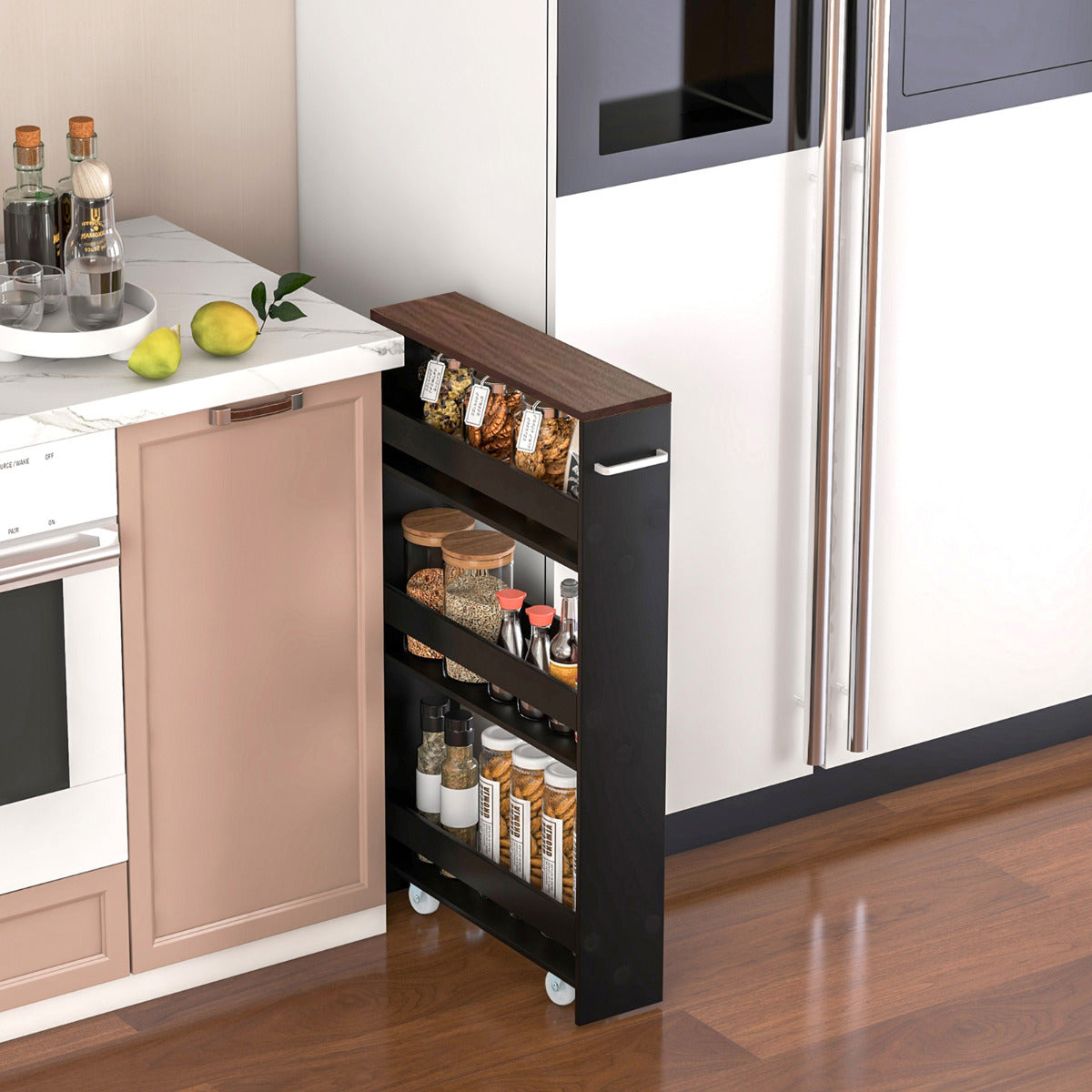 Carro de Almacenamiento de Cocina Estrecho con 4 Estantes Ruedas Organizador Móvil Ahorra Espacio para Baño 48 x 13 x 81 cm Negro+Marrón
