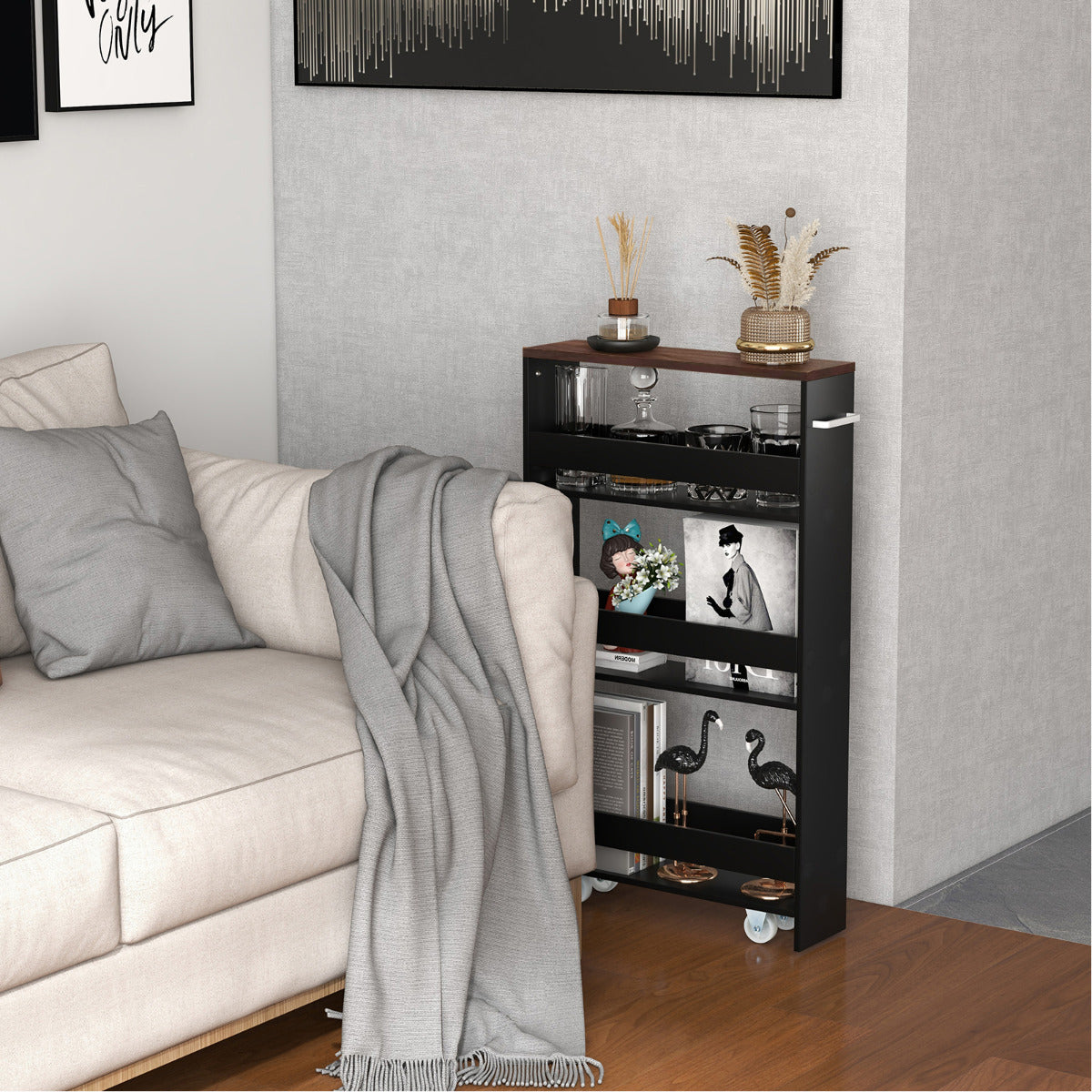 Carro de Almacenamiento de Cocina Estrecho con 4 Estantes Ruedas Organizador Móvil Ahorra Espacio para Baño 48 x 13 x 81 cm Negro+Marrón