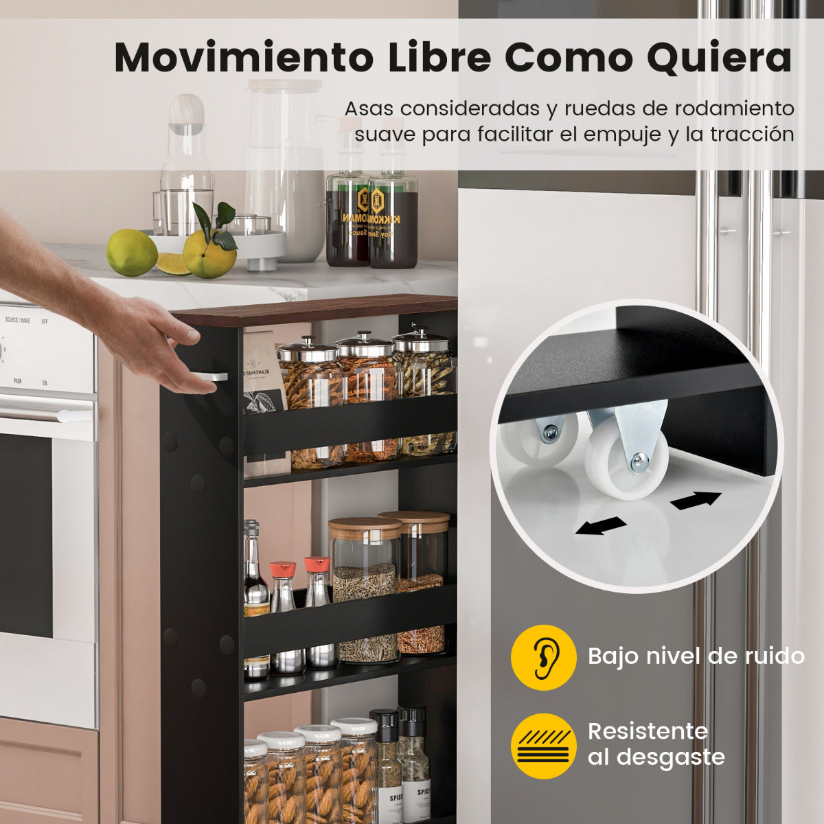 Carro de Almacenamiento de Cocina Estrecho con 4 Estantes Ruedas Organizador Móvil Ahorra Espacio para Baño 48 x 13 x 81 cm Negro+Marrón