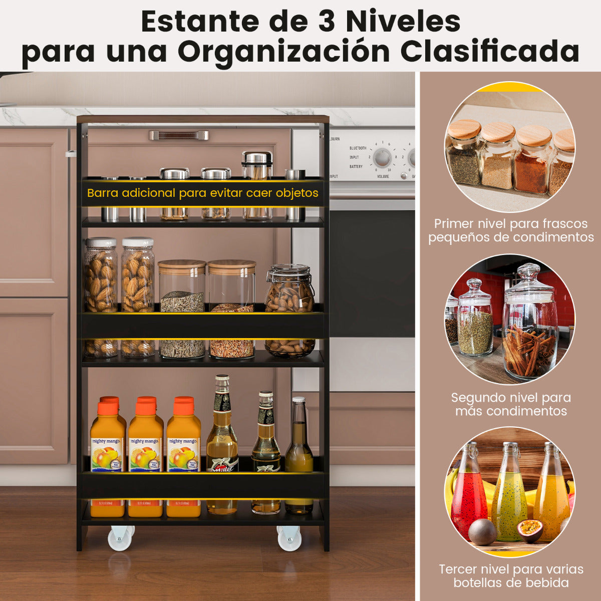 Carro de Almacenamiento de Cocina Estrecho con 4 Estantes Ruedas Organizador Móvil Ahorra Espacio para Baño 48 x 13 x 81 cm Negro+Marrón