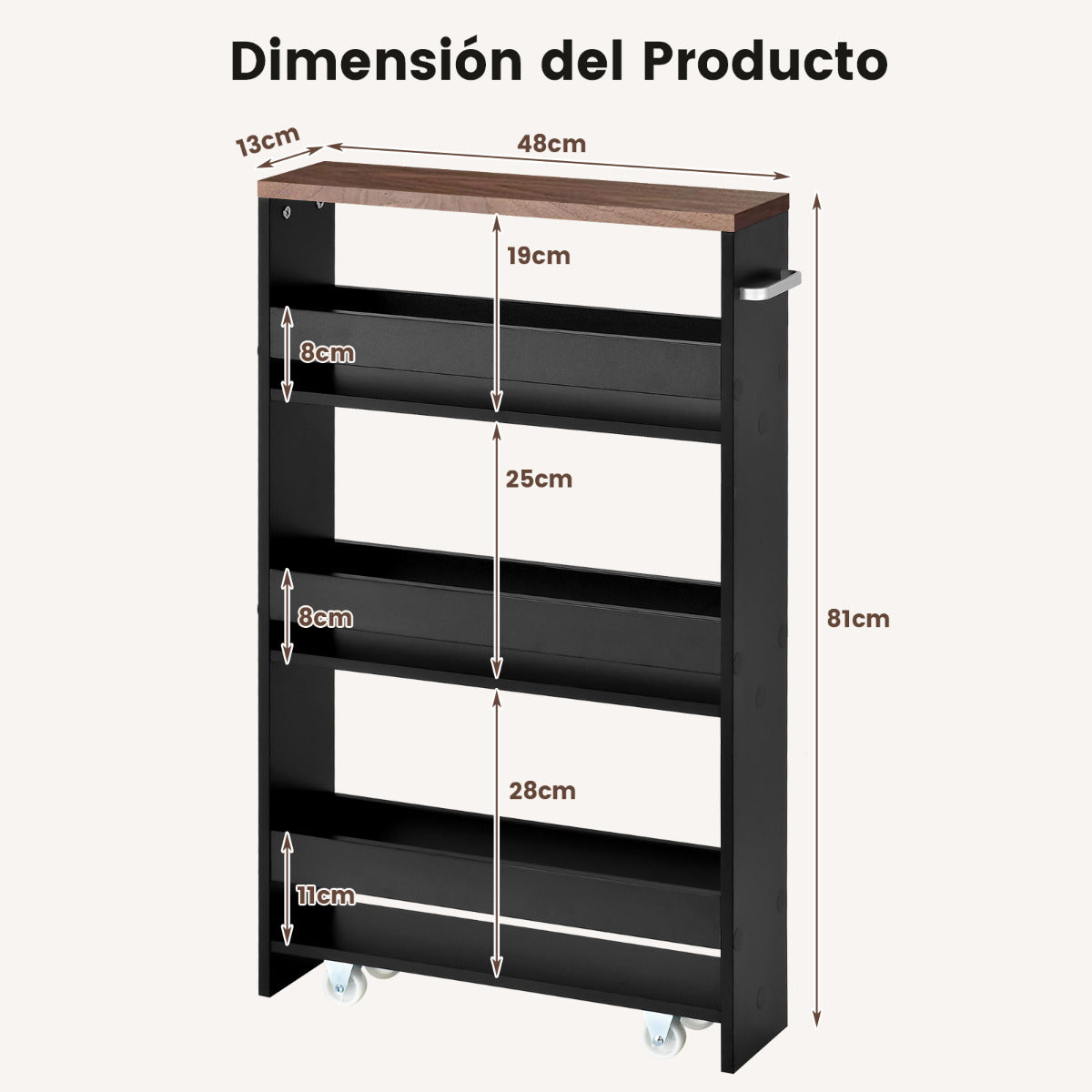 Carro de Almacenamiento de Cocina Estrecho con 4 Estantes Ruedas Organizador Móvil Ahorra Espacio para Baño 48 x 13 x 81 cm Negro+Marrón