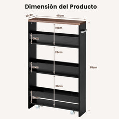 Carro de Almacenamiento de Cocina Estrecho con 4 Estantes Ruedas Organizador Móvil Ahorra Espacio para Baño 48 x 13 x 81 cm Negro+Marrón