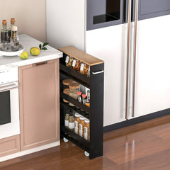 Carro de Almacenamiento de Cocina Estrecho con 4 Estantes Ruedas Organizador Móvil Ahorra Espacio para Baño 48 x 13 x 81 cm Negro y Natural