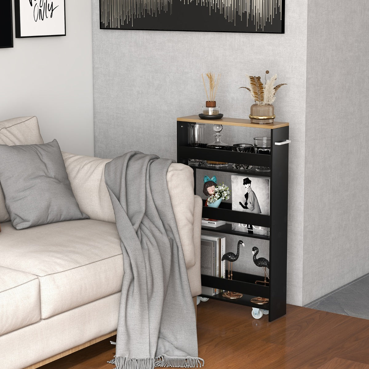 Carro de Almacenamiento de Cocina Estrecho con 4 Estantes Ruedas Organizador Móvil Ahorra Espacio para Baño 48 x 13 x 81 cm Negro y Natural