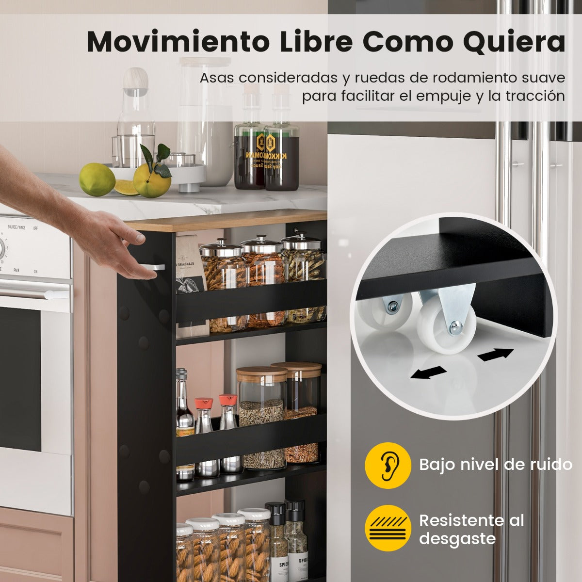 Carro de Almacenamiento de Cocina Estrecho con 4 Estantes Ruedas Organizador Móvil Ahorra Espacio para Baño 48 x 13 x 81 cm Negro y Natural