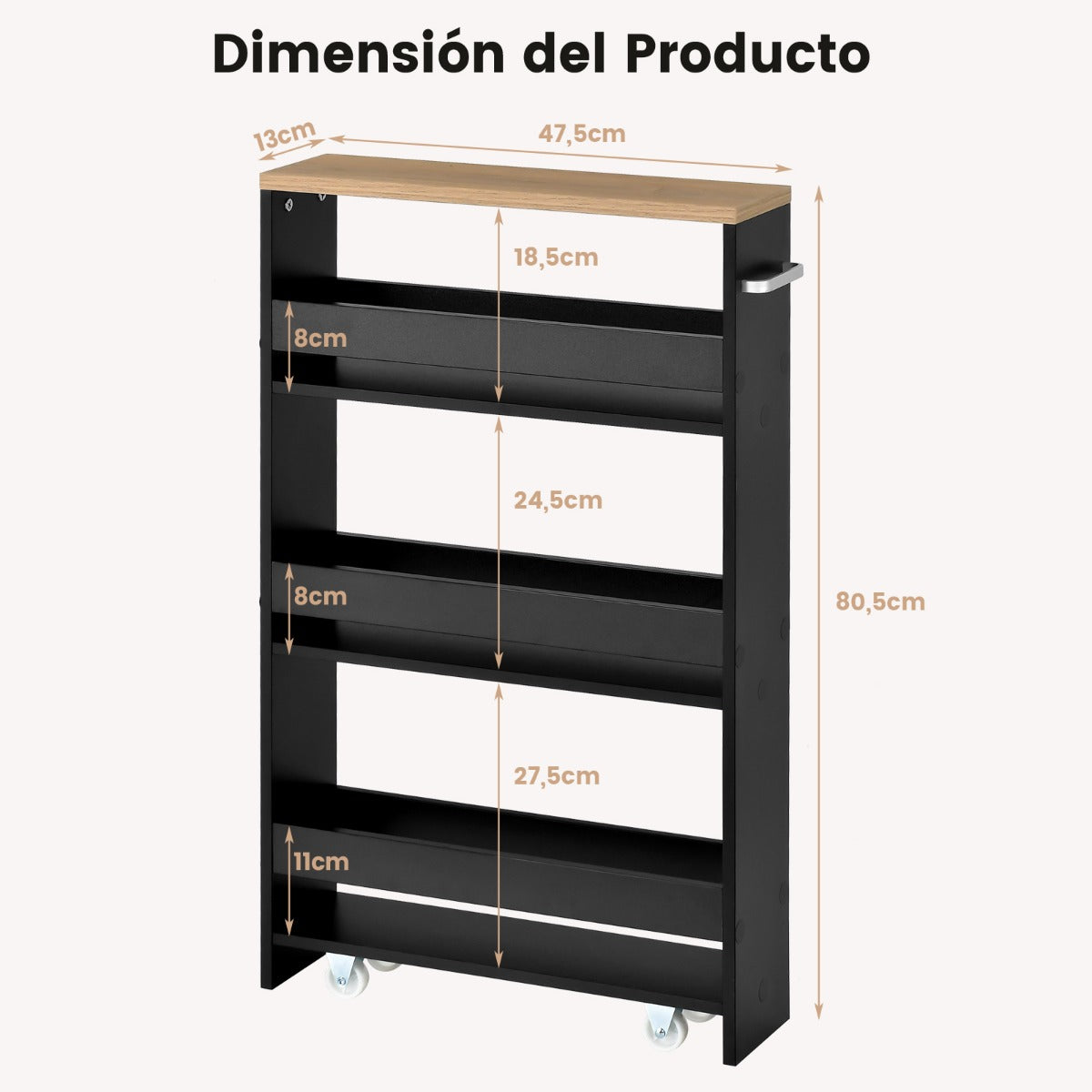 Carro de Almacenamiento de Cocina Estrecho con 4 Estantes Ruedas Organizador Móvil Ahorra Espacio para Baño 48 x 13 x 81 cm Negro y Natural