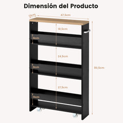 Carro de Almacenamiento de Cocina Estrecho con 4 Estantes Ruedas Organizador Móvil Ahorra Espacio para Baño 48 x 13 x 81 cm Negro y Natural