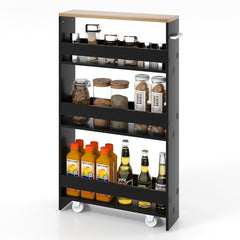Carro de Almacenamiento de Cocina Estrecho con 4 Estantes Ruedas Organizador Móvil Ahorra Espacio para Baño 48 x 13 x 81 cm Negro y Natural