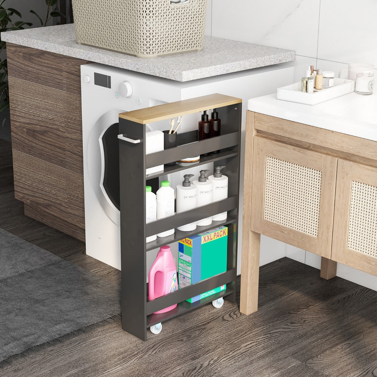 Carro de Almacenamiento de Cocina Estrecho con 4 Estantes Ruedas Organizador Móvil Ahorra Espacio para Baño 48 x 13 x 81 cm Gris