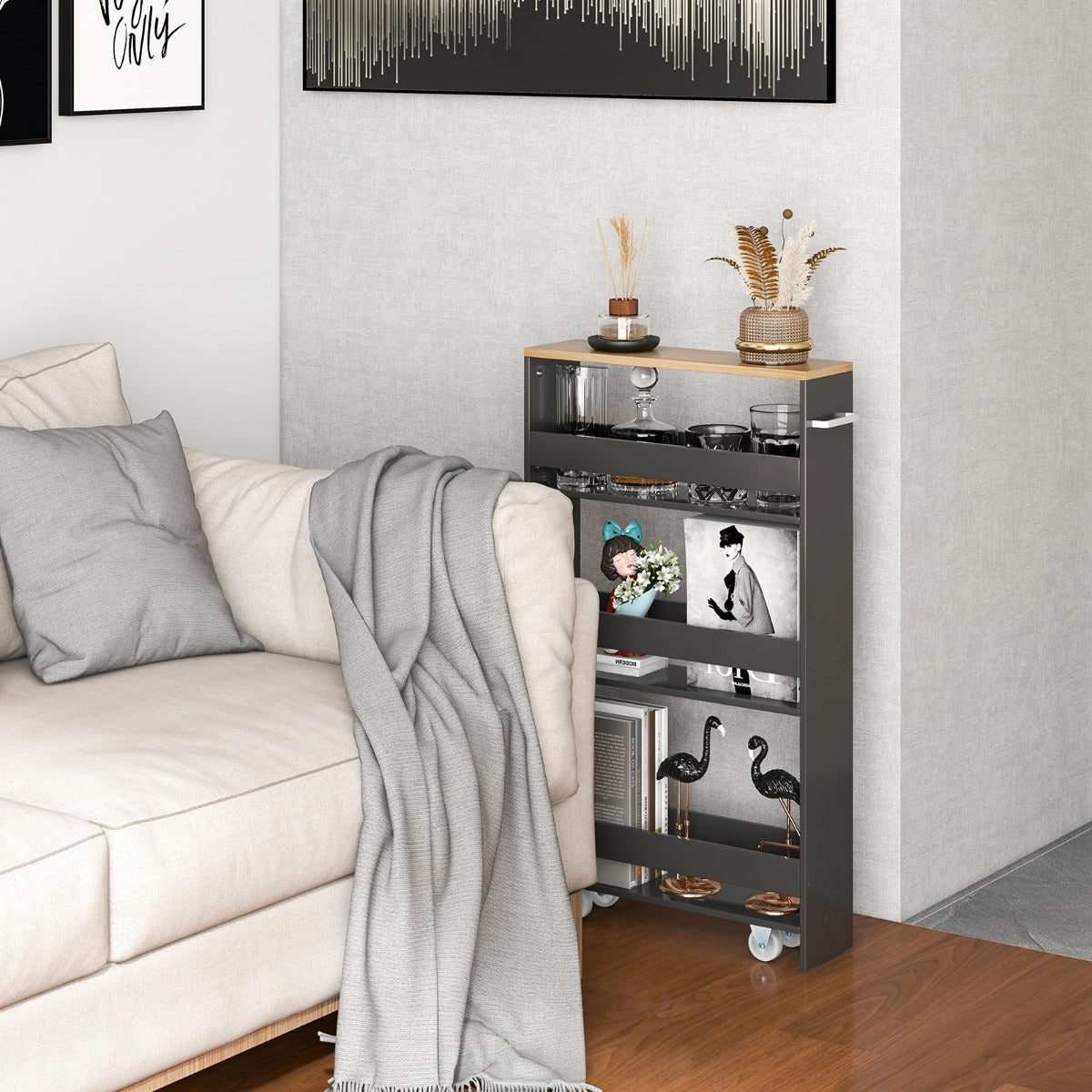 Carro de Almacenamiento de Cocina Estrecho con 4 Estantes Ruedas Organizador Móvil Ahorra Espacio para Baño 48 x 13 x 81 cm Gris