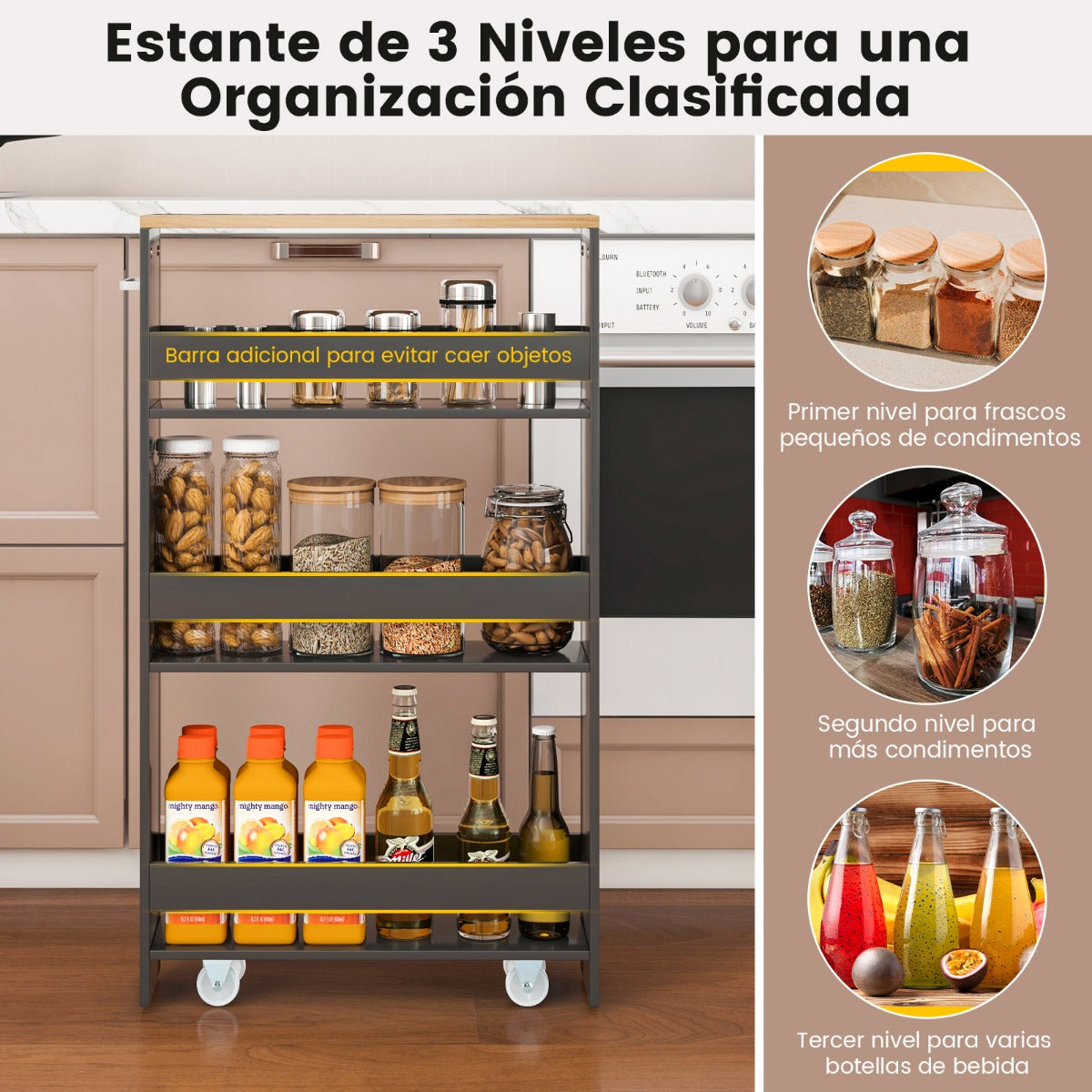 Carro de Almacenamiento de Cocina Estrecho con 4 Estantes Ruedas Organizador Móvil Ahorra Espacio para Baño 48 x 13 x 81 cm Gris