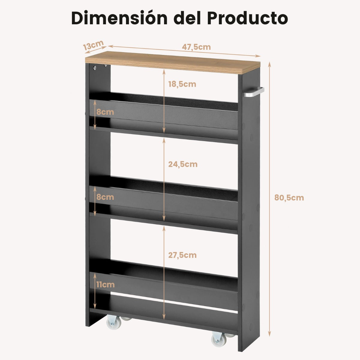 Carro de Almacenamiento de Cocina Estrecho con 4 Estantes Ruedas Organizador Móvil Ahorra Espacio para Baño 48 x 13 x 81 cm Gris