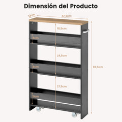 Carro de Almacenamiento de Cocina Estrecho con 4 Estantes Ruedas Organizador Móvil Ahorra Espacio para Baño 48 x 13 x 81 cm Gris
