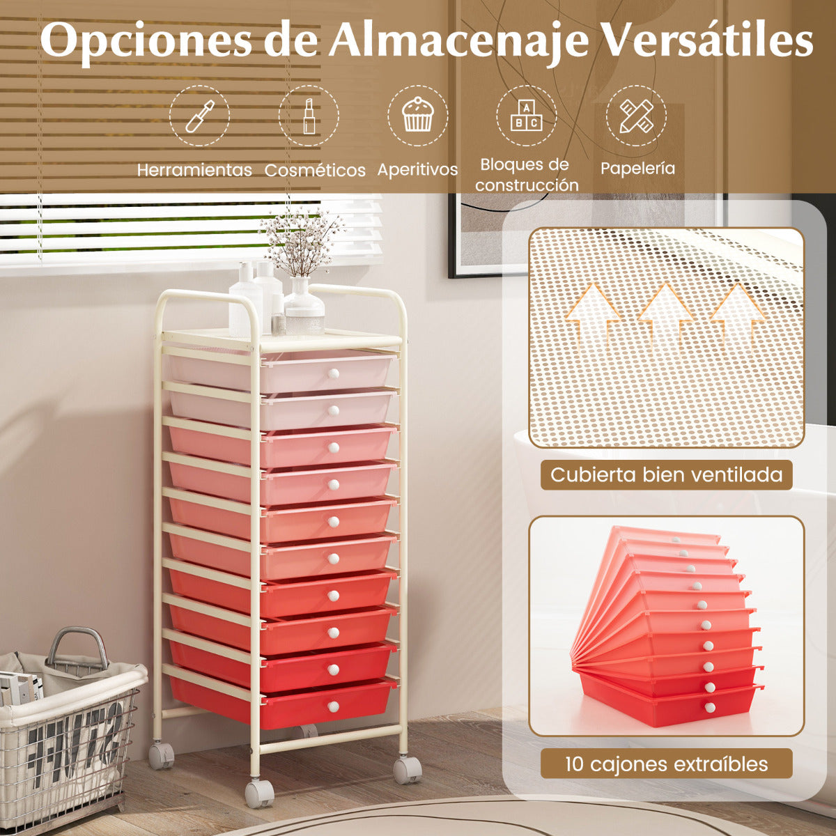 Carro de cajones multiuso con 10 cajones de oficina Contenedor con ruedas con 10 estantes para baño Rosa