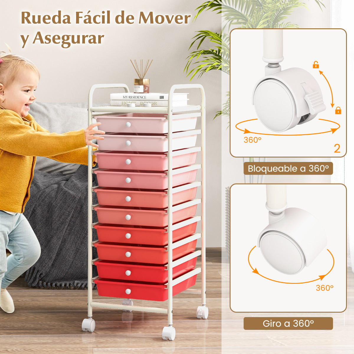 Carro de cajones multiuso con 10 cajones de oficina Contenedor con ruedas con 10 estantes para baño Rosa
